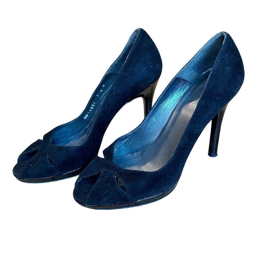 Stuart Weitzman Black Suede Heels Peep Toe Criss Cross Size 7 1/2